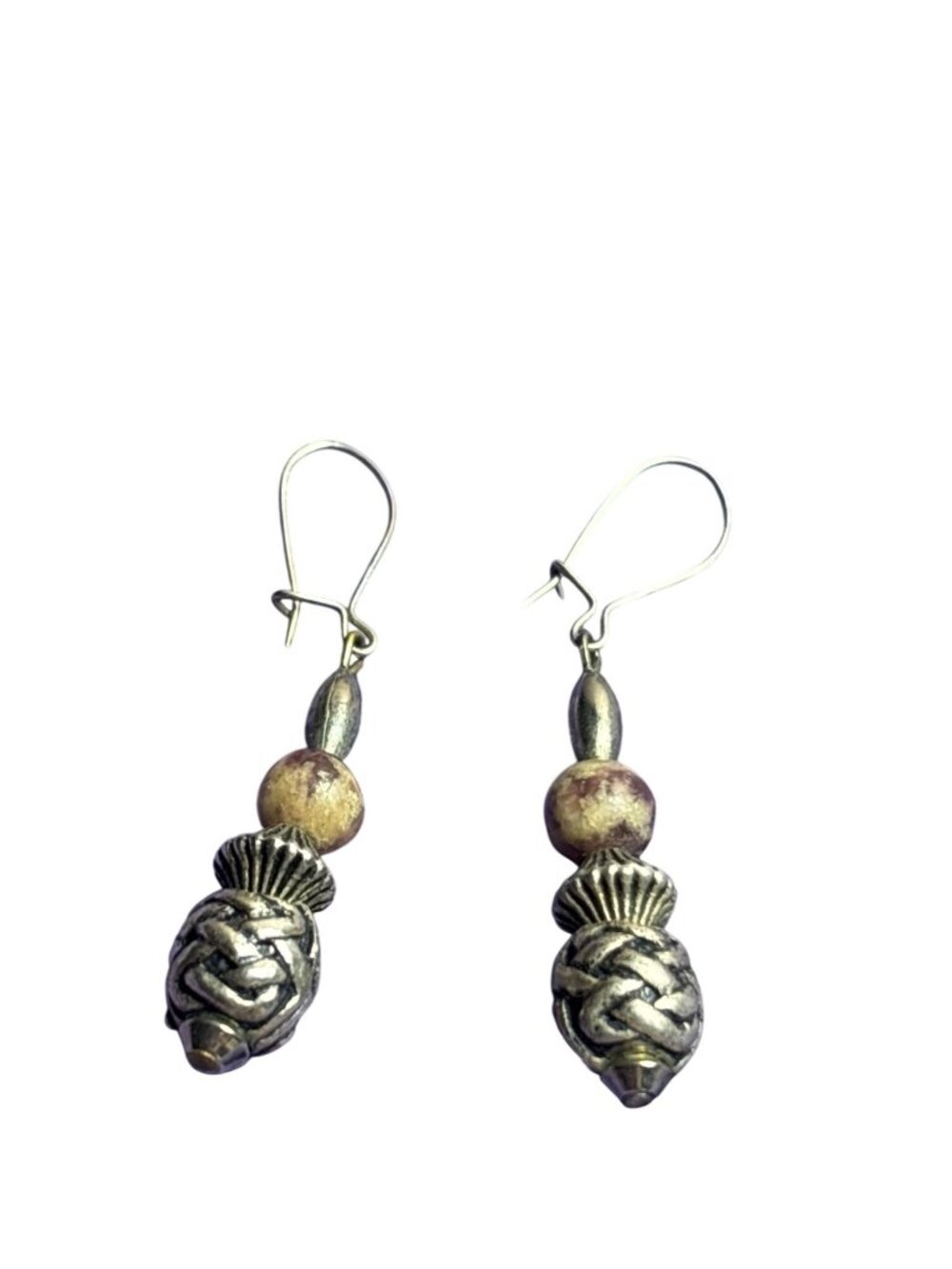 Silvertone and Stone Bead Dangle Earrings 1 inch